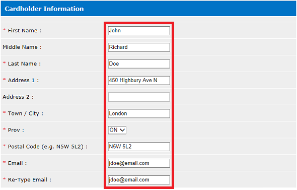 Registering your Smart Card screens - Cardholder information page