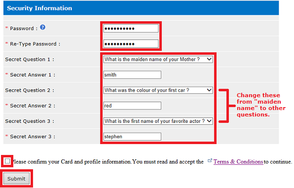 Registering your Smart Card screens - Security Information page