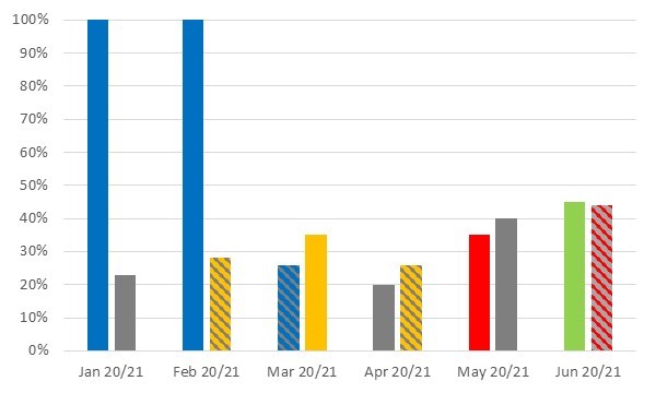 January 2020 - 100%, January 2021 - 23%, February 2020 - 100%, February - 28%, March 2020 - 26%, March 2021 - 35%, April 2020 - 20%, April 2021 - 28%, May 2020 - 35%, May 2021 - 38%, June 2020 - 45%, June 2021 - 44%