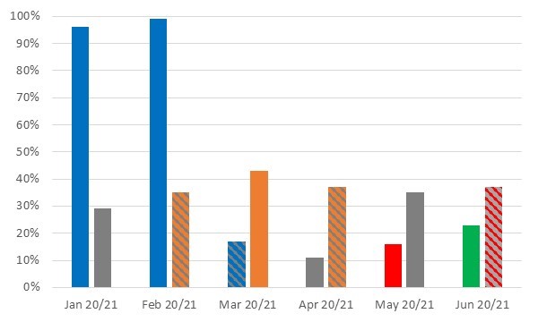 January 2020 - 96%, January 2021 - 29%, February 2020 - 99%, February 2021 - 35%, March 2020 - 17%, March 2021 - 43%, April 2020 - 11%, April 2021 - 37%, May 2020 - 16%, May 2021 - 35%, June 2020 - 23%, June 2021 - 37%