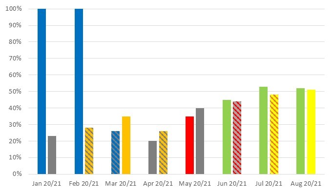 January 2020 - 100%, January 2021 - 23%, February 2020 - 100%, February - 28%, March 2020 - 26%, March 2021 - 35%, April 2020 - 20%, April 2021 - 28%, May 2020 - 35%, May 2021 - 38%, June 2020 - 45%, June 2021 - 44%, July 2020 - 53%, July 2021 - 48%, August 2020 - 52%, August 2021 - 51%