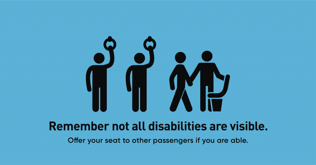 This poster depicts two riders standing up with another offering their seat to a passenger with an invisible disability (presumably they have asked for a seat).