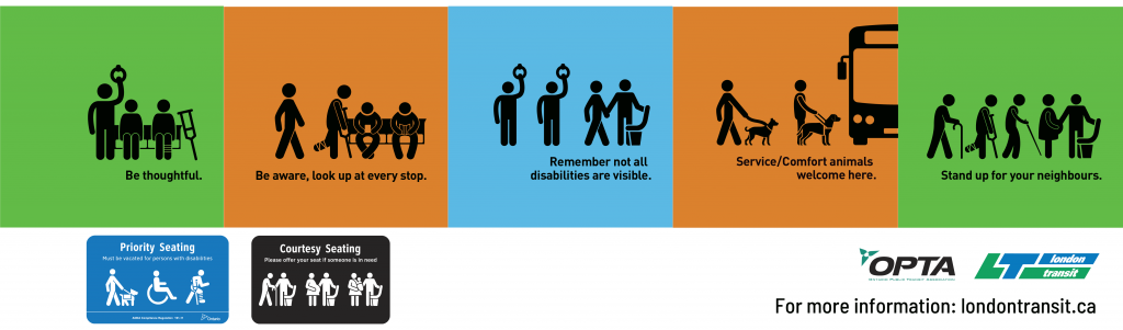 This image shows the five images of the posters that can be found on-board buses as part of Accessible Transit Matters. Each image depicts a rider giving up a seat to another passenger with a visible or non-visible disability. The last image in the banner shows the use of a Service and a Comfort animal on a leach and on a harness waiting to board a bus.