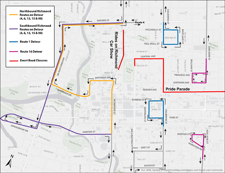 Detour routing for the events happening on Sunday July 23, 2023. Routing details are listed below for Routes 1, 4, 6, 13, 15, 16 & 90