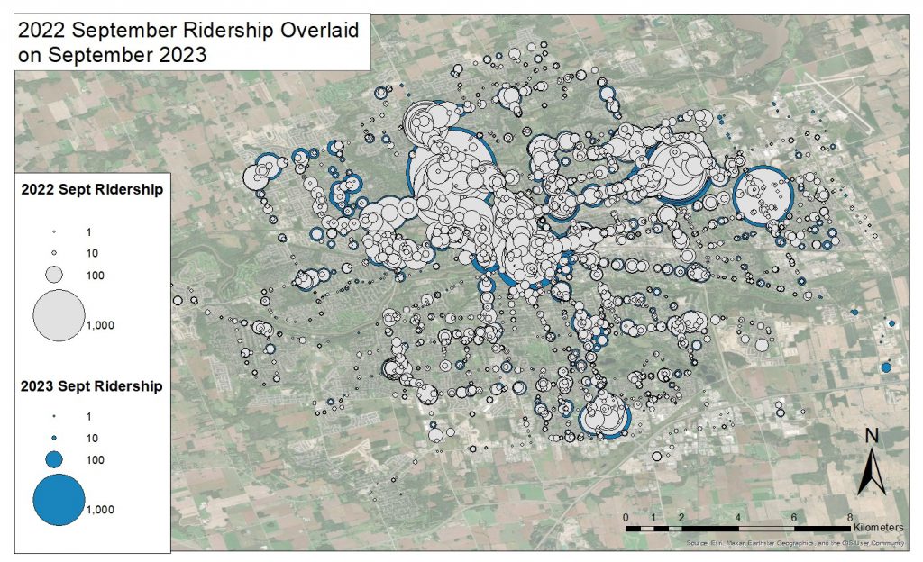 2022 September Ridership Overlaid on September 2023 image with a base map of London Ontario.