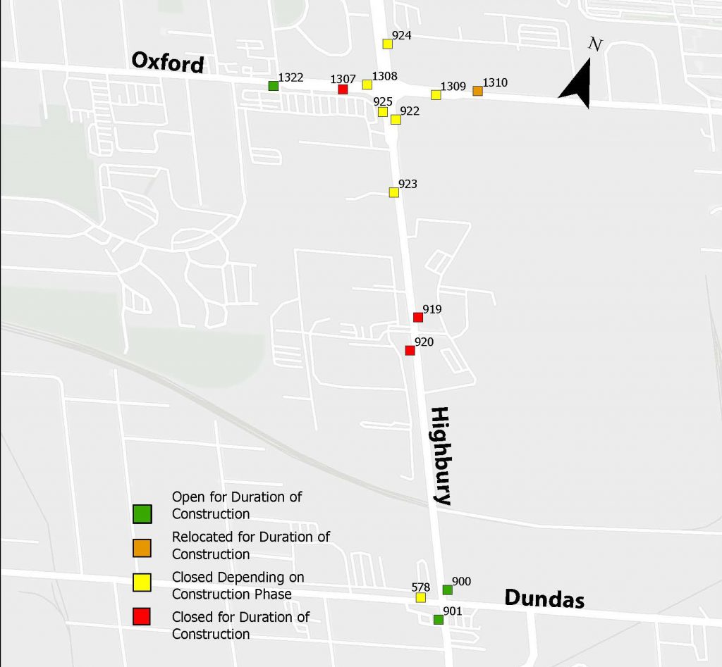 Map of construction zone with stop closures. Stops remaining open during construction #900, #901, #1322. Relocated stop for duration of construction #1310. Stops closed for duration of construction #919, #920, #1307. Stops closed depending on phase of construction #578, #922, #923, #924, #925, #1308, #1309.