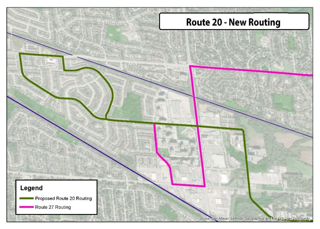 Using exisiting Route 20 along Beaverbrook. Sarnia, Oakcrossing Gate to Oakcrossing Road during all service periods. The area of Capulet Lane will continue to be serviced by Route 27.