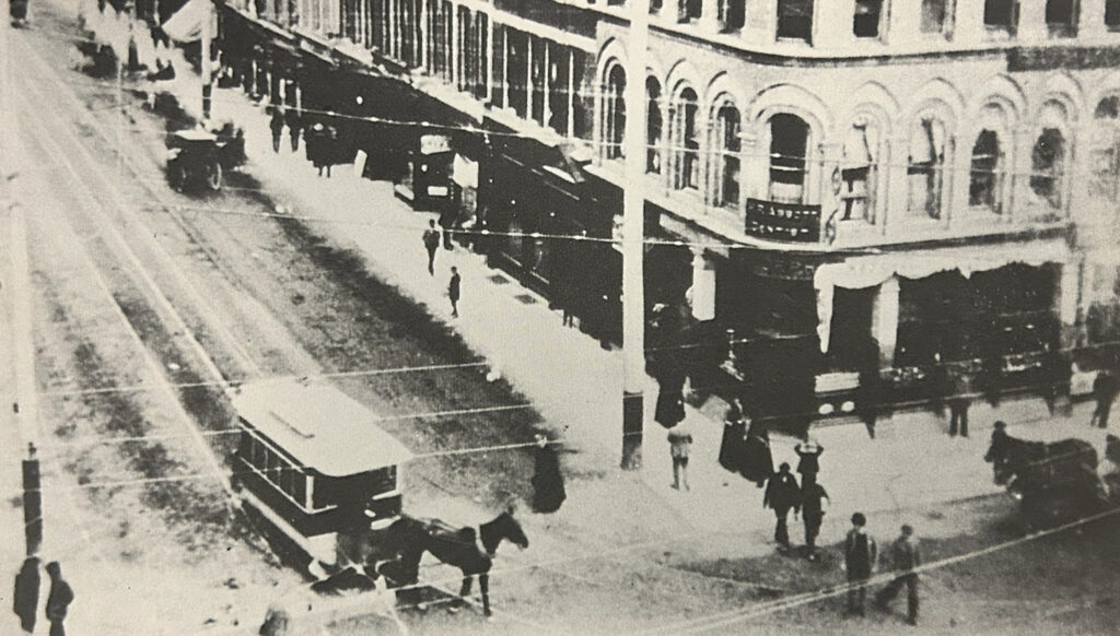 Photo of a horse drawn carriage in Downtown London Ontario dated back to 1875 from London Street Railway Company (LSR).