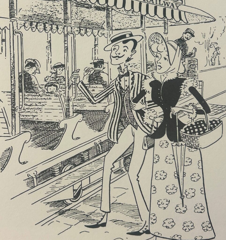 Cartoon drawing of the Moonlight Excursion - Romance on the Trolley from a special service car that was rented out for events.