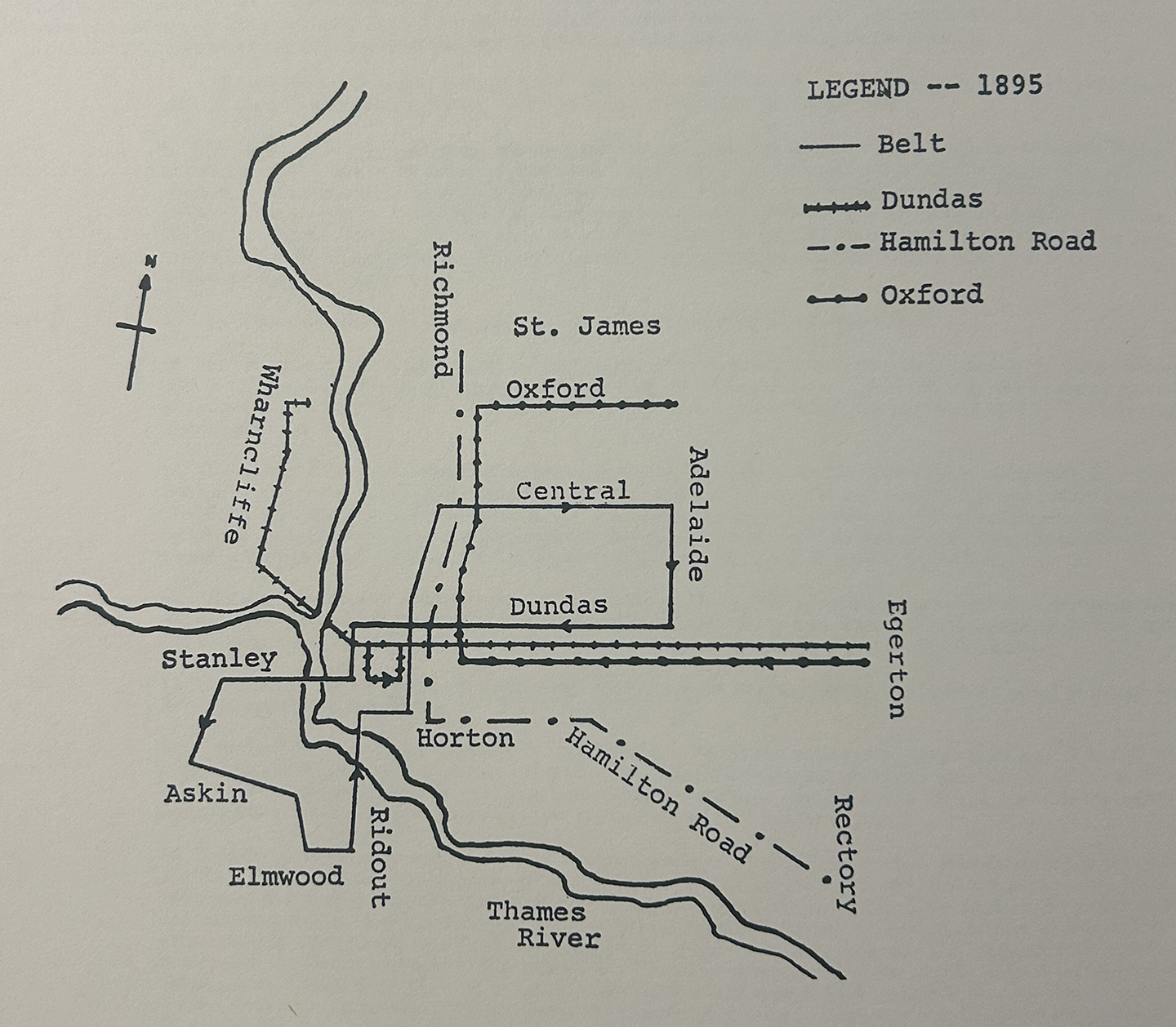Route Map of service from 1895. There were routes on Dundas, Hamilton Road and Oxford.