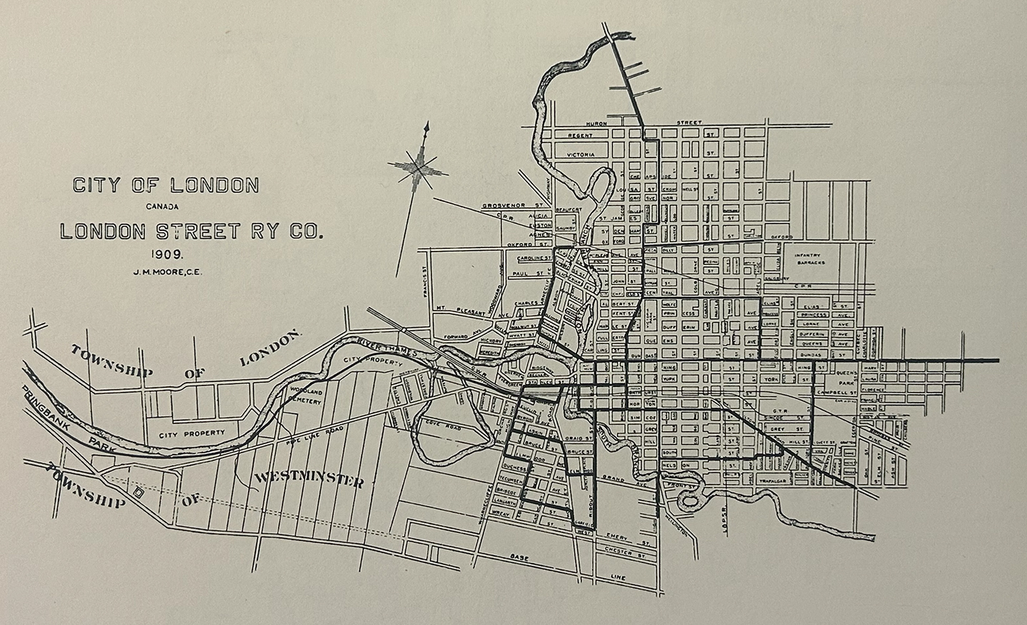 Route Map of London Street Railway in London, Ontario from 1909.