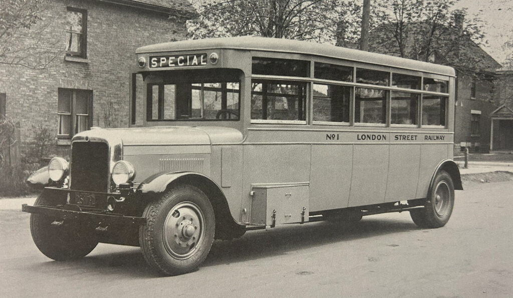Photo of the bus that introduced rear exiting of the bus. The side of the bus says London Street Railway with a head sign saying Special.