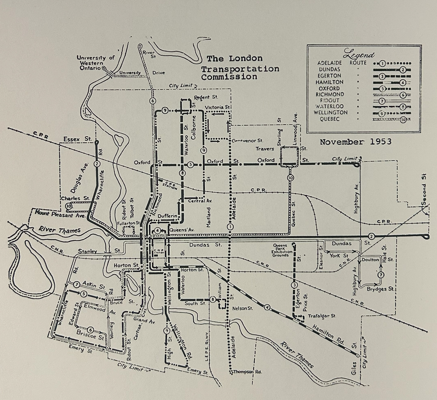 Route Map of London Transit Commission from November 1953 highlighting routes operating on Adelaide, Dundas, Egerton, Hamilton, Oxford, Richmond, Ridout, Waterloo, Wellington and Quebec.