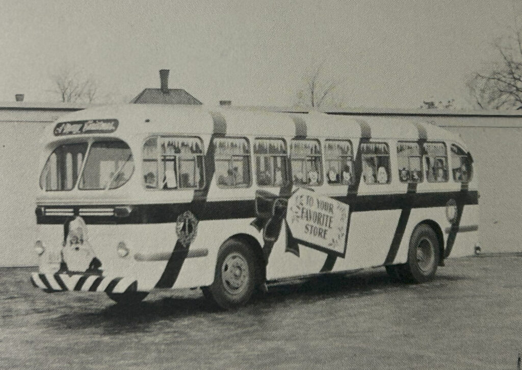 Photo of the Christmas Bus that was hand painted and decorated for the first time in 1958 for the holiday season and festive events.