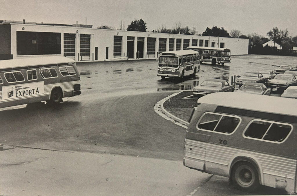 Photo of buses driving out of the new garage on Highbury back in 1972 when the new facility opened.