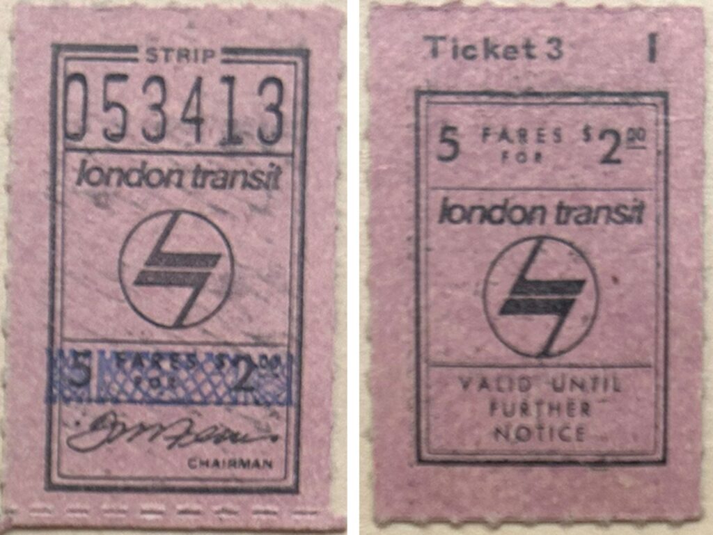 Tickets from a strip of adult tickets from in 1979 when bus tickets cost 5 tickets for $2.00 or $0.40 each ride.