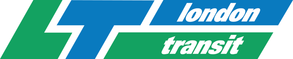 The current London Transit logo which is a green L and a blue T with parallelograms of blue on top with London in white and green below with transit in white.