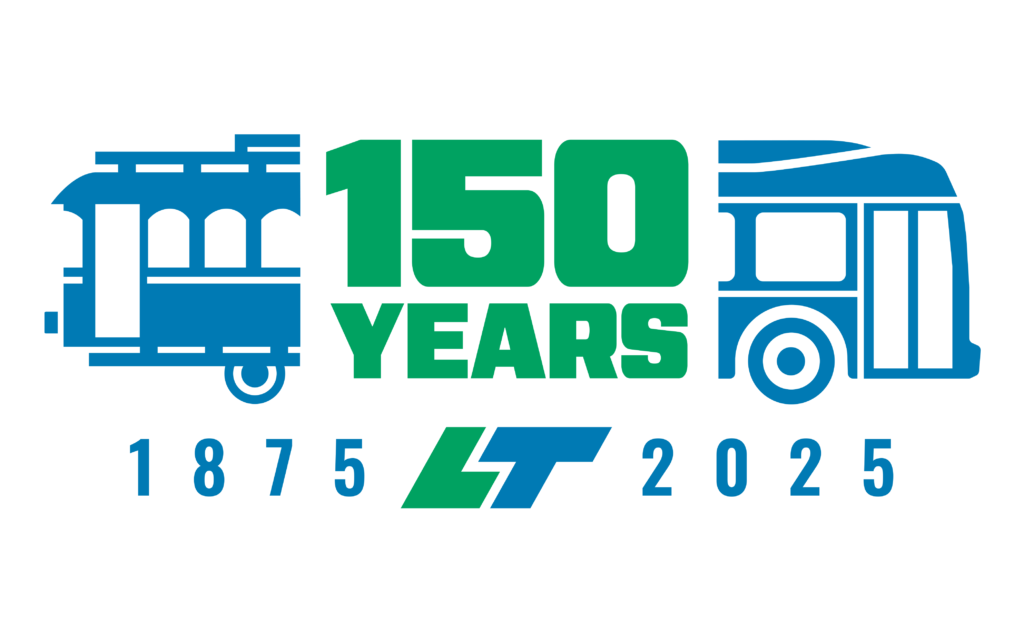 The 150th logo for London Transit celebrating the milestone. The logo has a blue half a street car on the left side with 150 Years in green in the middle and then a blue front half of a bus. Below the mashup of the streetcar and bus is the green L and blue T, with 1875 on the left as the year transit began being offered and on the right side of the LT 2025 to denote the current year of operation.