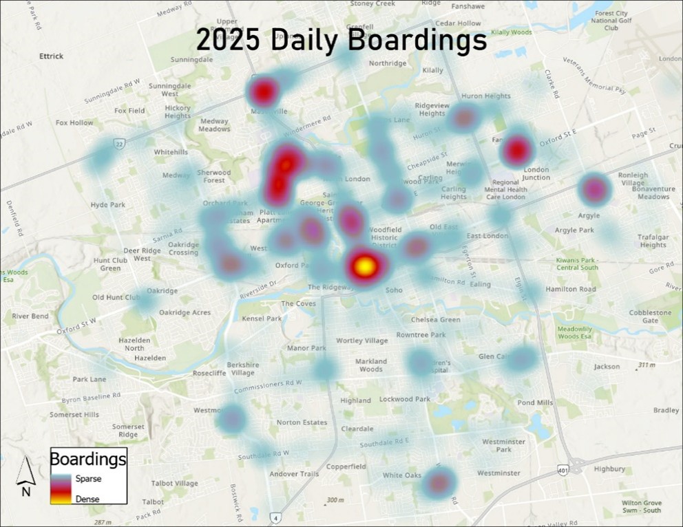 The map depicts boardings and crowding conditions on London Transit from September 8th to 19th, 2025. The highest boarding areas in order are Downtown, areas around Western University, Fanshawe College and Masonville followed by Argyle. Corridors experiencing the most crowding concerns are along Oxford between Adelaide and Wonderland and along Adelaide between Huron and Dundas. Additional areas with notably high levels or boarding and potential crowding are White Oaks, Oxford and Wonderland business area, Highbury and Kilally and Westmount.