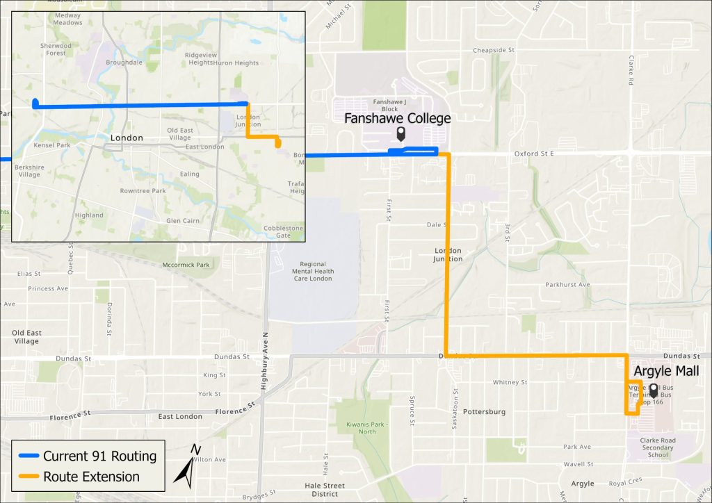 A map showing the proposed extension of Route 91 Express from Fanshawe College to Argyle Mall via Oxford Street, Second Street, Dundas Street and Clarke Road