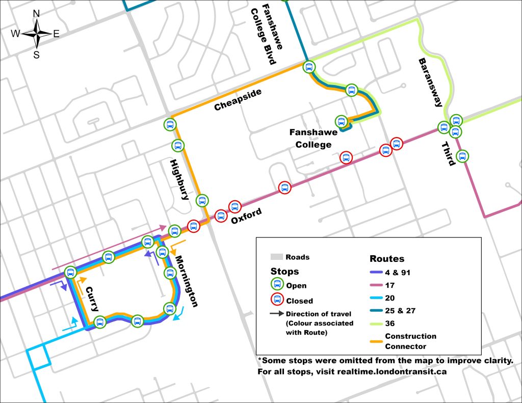 Map of the Fanshawe College detour for Routes 4, 17, 20, 25, 27, 36 & 91. The map also shows the route for the construction connector between Oxford and Mornington and Fanshawe College. Further detour details can be found below for each route.