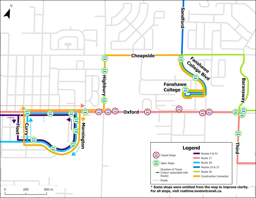 Map of the Fanshawe College detour for Routes 4, 17, 20, 25, 27, 36 & 91. The map also shows the route for the construction connector between Oxford and Mornington and Fanshawe College. Further detour details can be found below for each route.