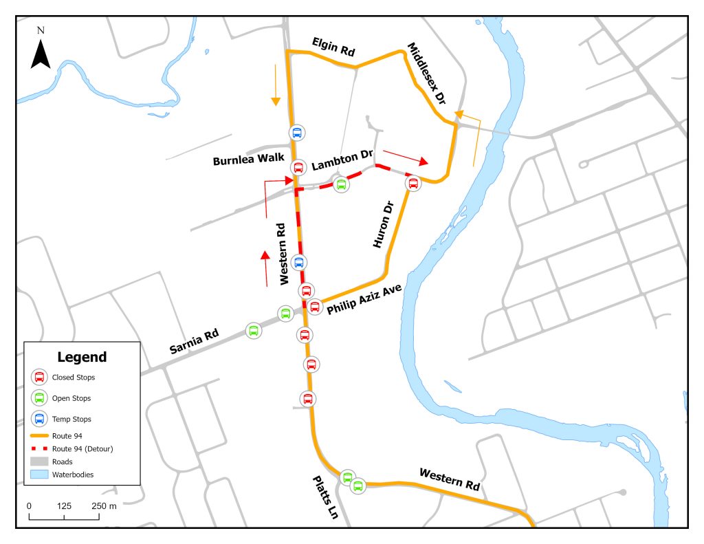 Map of the Western Rd detour and stop closures for Routes 2, 9, 27, 31, 33, 93 & 94. The map indicates closed stops, open stops and temporary stops along the routing. Further detour details can be found below for each route.