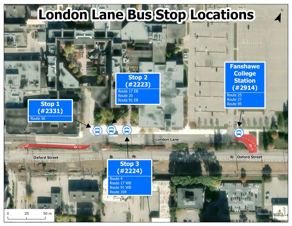Map of the Fanshawe College Terminal and designated bus stop locations for Routes 4, 17, 20, 25, 27, 36, 91, 95 & 104. Please note that these routes will return to servicing the terminal on approx. September 6.

Stop 1 (#2331) is located on the north side of London Lane, approx. 10m east of Calvin Court. Route 36 will service this stop.

Stop 2 (#2223) is located on the north side of London Lane, approx. 14m east of Stop 1. Routes 17 EB, 20 & 91 EB will service this stop. 

Stop 3 (#2224) is located on the north side of London Lane, approx. 14m east of Stop 2. Routes 4, 17 WB, 91 WB, & 104 will service this stop.  

Fanshawe College Station (#2914) is located on the north side of London Lane, approx. 10m east of Campus Dr. Routes 25, 27 & 95 will service this stop. 
