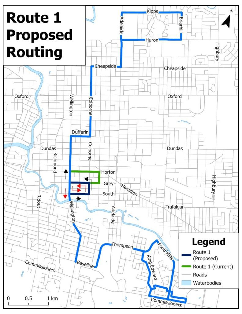 The proposed routing change for Route 1 would follow the Wellington, South, Colborne and Grey loop in both the northbound and southbound directions. This would remove Route 1 service from Horton and Maitland.