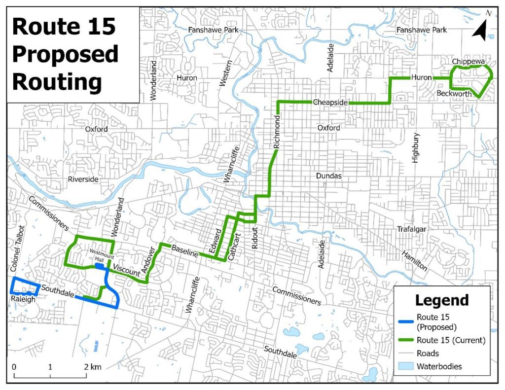 The map shows the proposed new routing of Route 15. The current A and B branches would be removed and instead after leaving Westmount Mall the route would follow Wonderland, Southdale, Tilman, Raleigh, Colonel Talbot and Southdale. The route would then return back to Wonderland via Southdale and continue along the current routing at Viscount to Downtown and the Huron Heights neighbourhood.