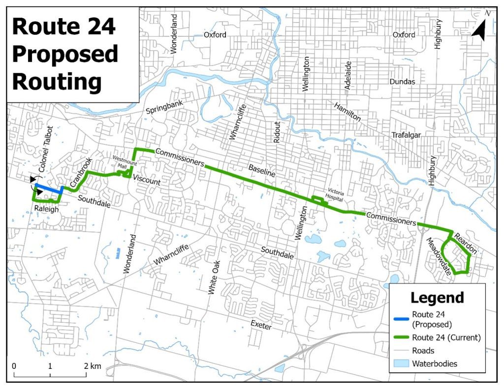 The map shows the proposed new routing for Route 24. Current service along Tilman, Raleigh and Colonel Talbot would be removed (replaced by proposed changes to Route 15) and instead the route would use the round about at Colonel Talbot and Southdale to turn around. The remainder of the route would stay the same as it is currently.