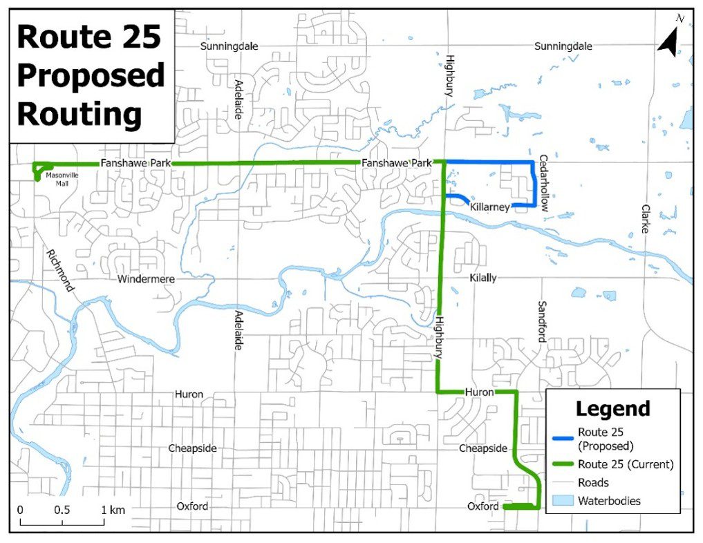 The extension of service into Cedar Hollow via Fanshawe Park Road, Cedar Hollow and Killarney, was approved as part of the 2026 Assessment Growth Business Case and is to be implemented in early 2028. The map confirms this routing.