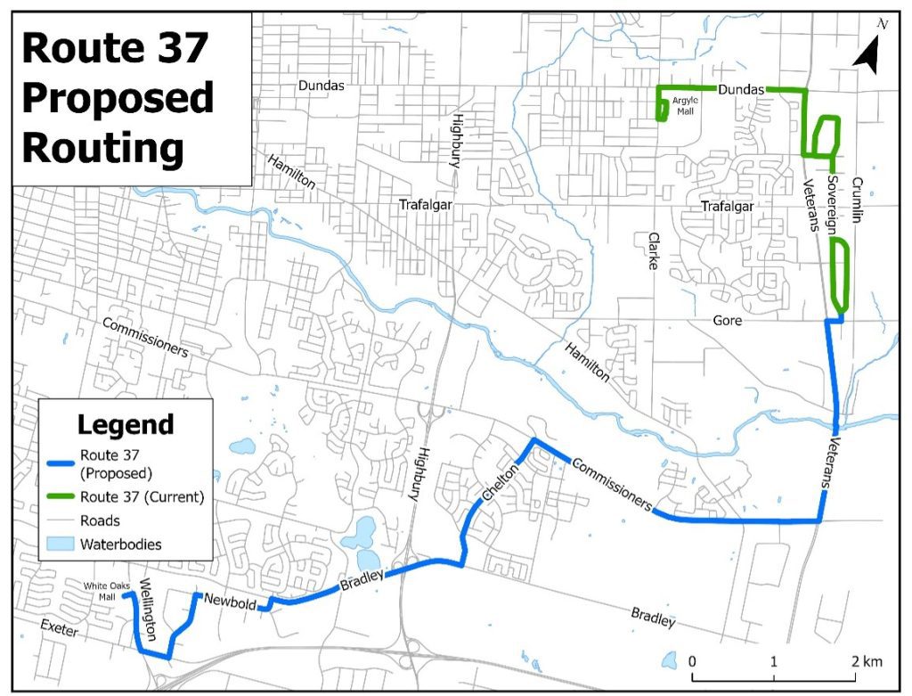 The modification to extend Route 37 to White Oaks Mall via Veteran's Memorial Parkway, Commissioners, Chelton, Bradley, Newbold, Bessemer, Exeter and Wellington was approved as part of the 2026 Assessment Growth Business Case, to be implemented in early 2028. The map confirms this routing.
