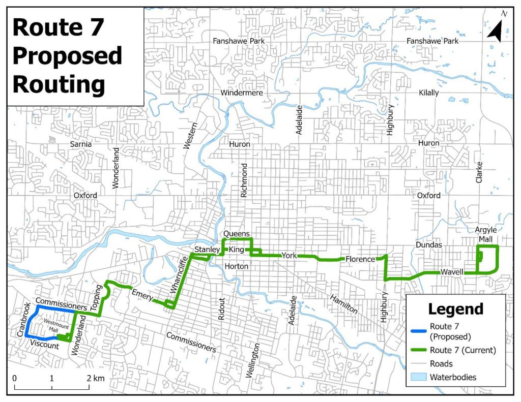 The map shows the proposed new routing of Route 7. After leaving Westmount Mall, the route is proposed to follow Viscount, Cranbrook and Commissioners and then continue the current routing to Downtown and Argyle Mall