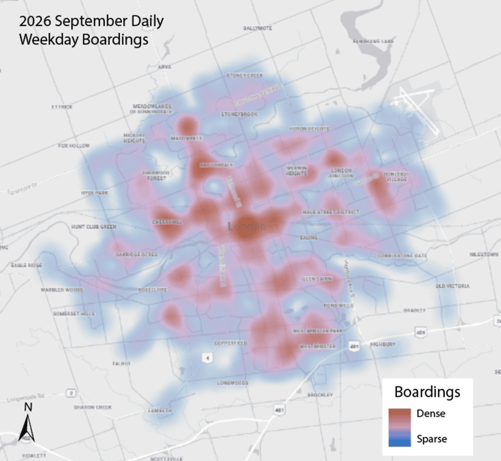 The heat map shows where the clusters of crowding are happening throughout the City with Downtown, Western University, Fanshawe College, White Oaks, Oxford and Richmond and Argyle being areas with the highest concentration weekday of boardings in the month of September.